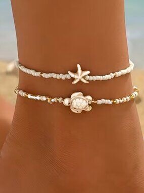 Bohemian Style Beach Anklet Turtle & Starfish Design Random Glass Rice Bead 2pcs